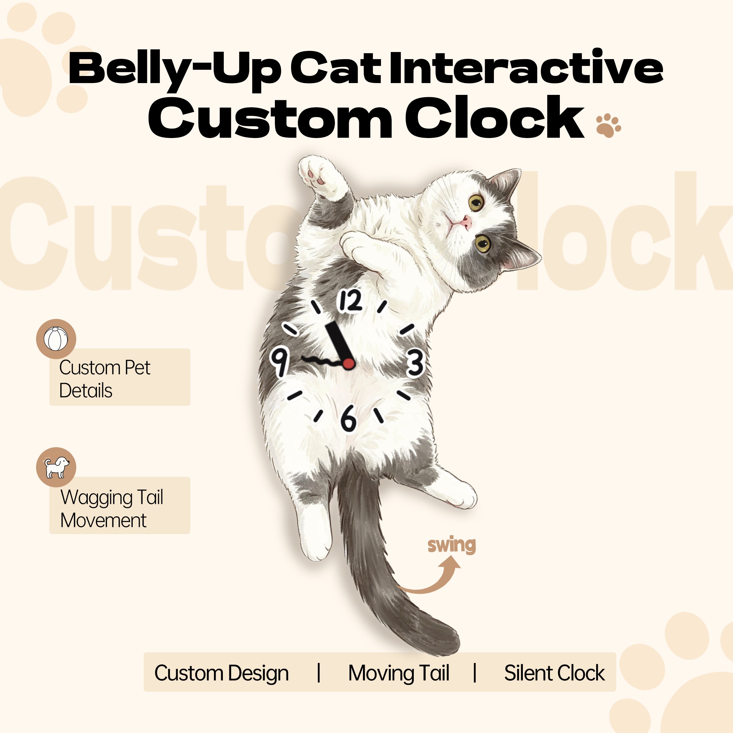 Belly-Up Pose | Custom Pet Moving Tail Clock
