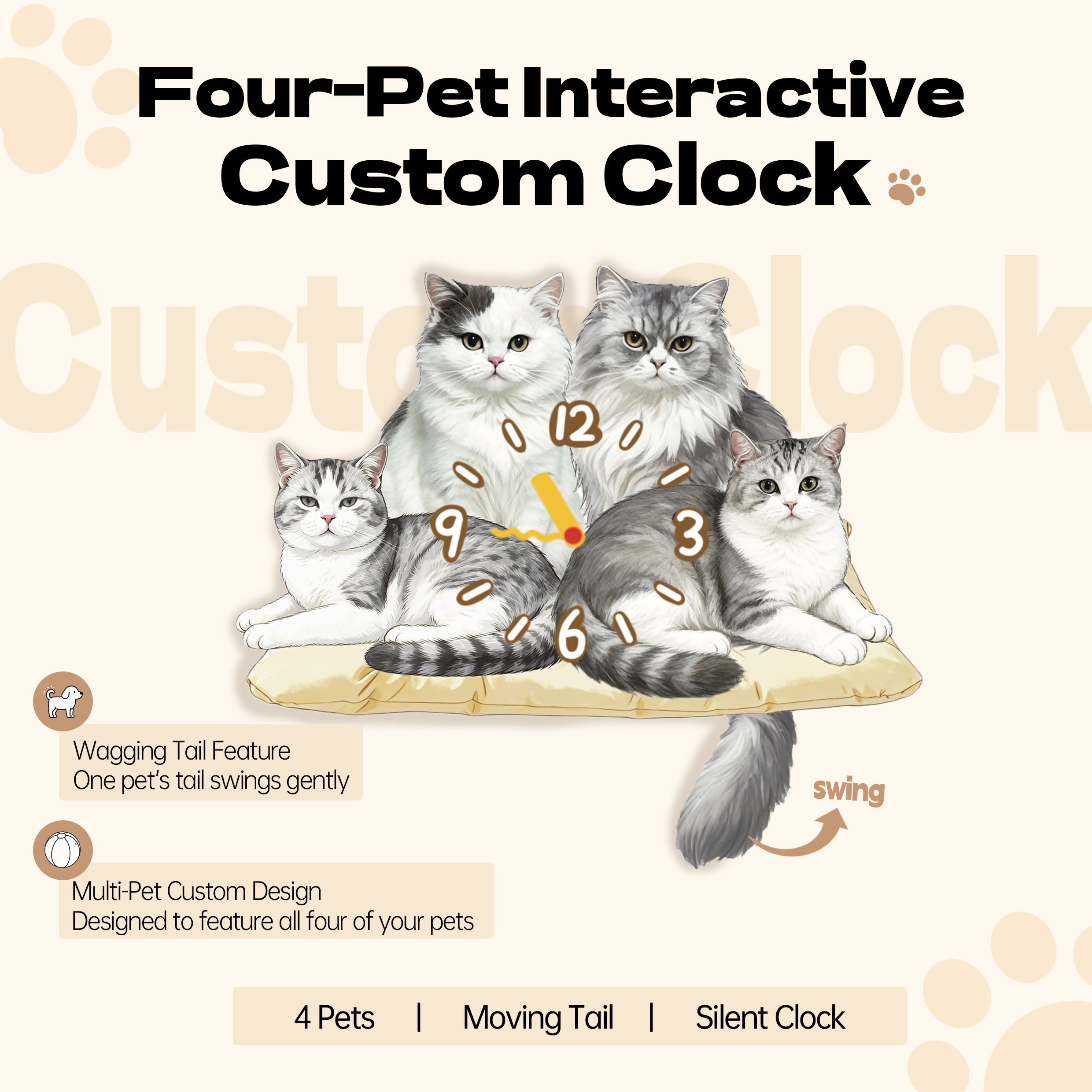 Four Pets Together | Custom Multi-Pet Moving Tail Clock